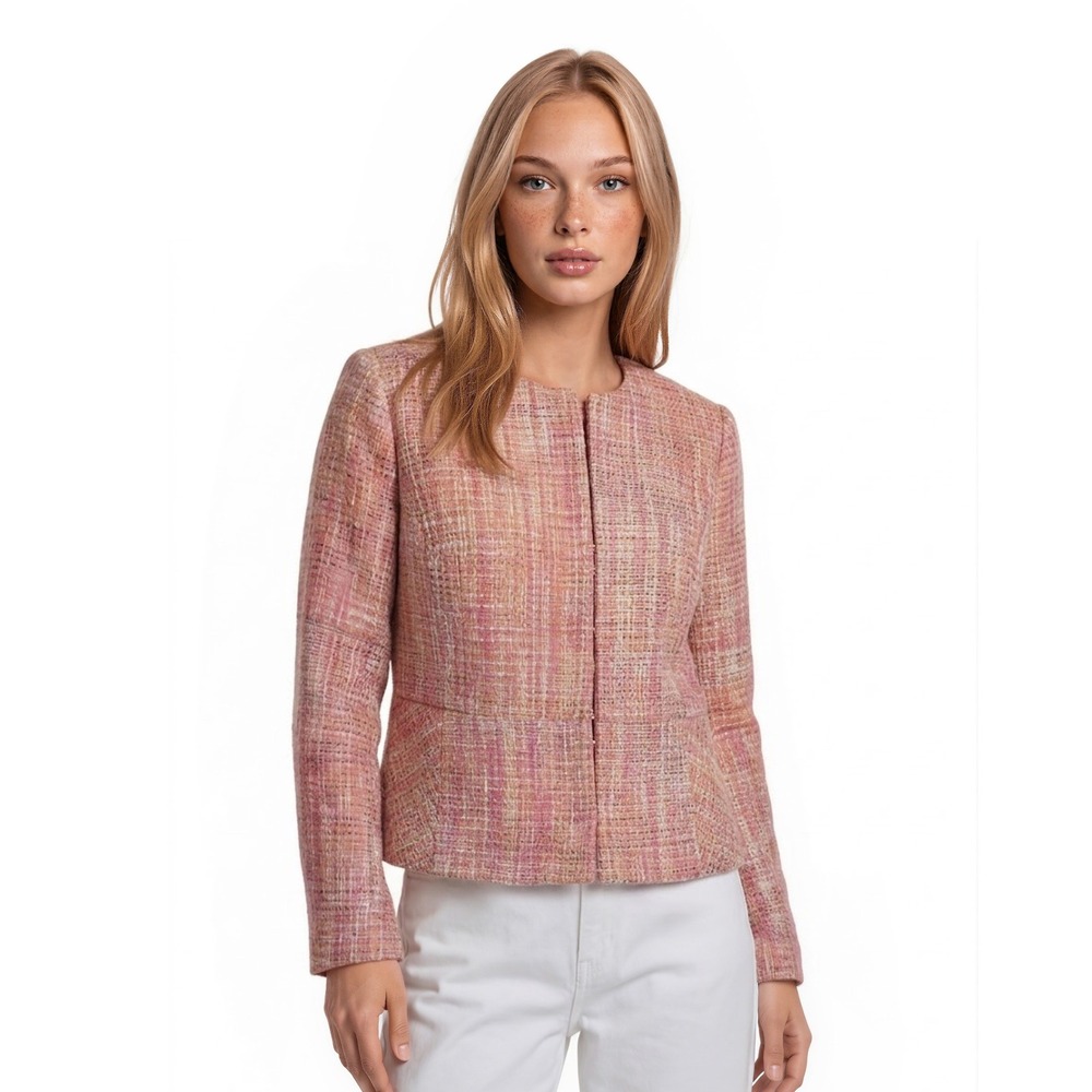 Talbots Petites Blazer Jacket Women's Size‎ 6P Pink Orange Tweed Collarless